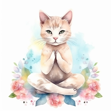 cute cat doing yoga exercise, yoga lotus flower background, watercolour clip art