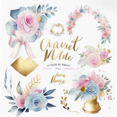 watercolor marriage anniversary clipart collection, white background, white, pink, blue and gold illustrations