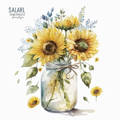 watercolor sunflower clipart, sunflower floral bouquet, white background, sunflower bouquet in the jar
