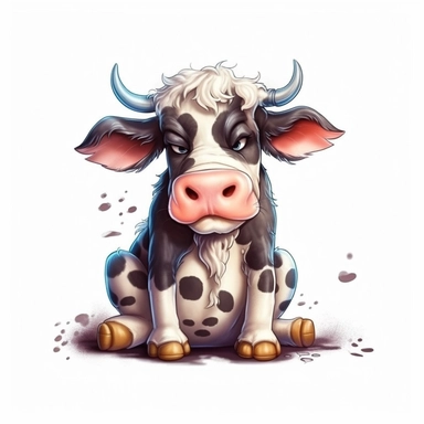 Cute Beautiful Funny Baby angry cow is sitting Full body Sublimation Clipart,Cartoon,hyper realistic, intricate detail, illustration style,high solution,on the white background