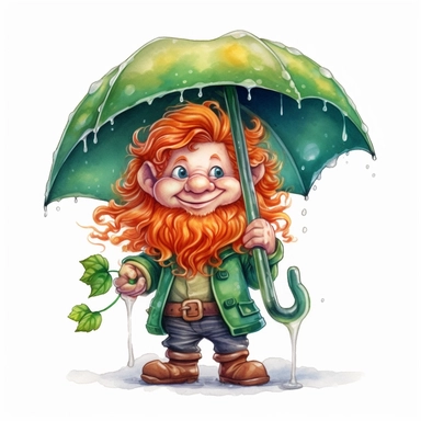 Cute Adorable magical little leprechaun with a cylinder hat and a red beard holds laterally a umbrella in his hand wears a raincape and stand in the rain on a country road, clipart, photorealistic illustration, watercolor, high detail, 8k polished, 8k, vibrant colors, white background