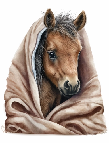 baby horse in a blanket, watercolor clipart, transparent background,