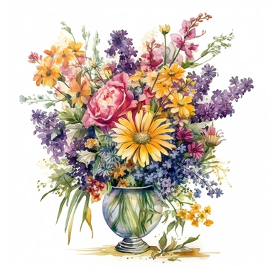 Immerse yourself in the beauty of a vibrant flower bouquet that showcases a captivating mix of ammi, solidago, asters, delphinium, spray roses, callistephus, and limonium. This exquisite clipart features the bouquet arranged in a glass vase against a clean white background. The wet watercolor art technique brings a sense of fluidity and depth to the illustration, while the sharp brush strokes add definition and detail. With high-definition (HD) quality, every petal and leaf is rendered with prec