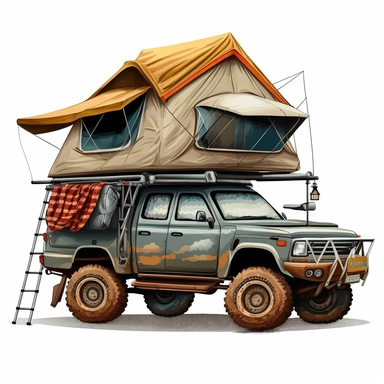 2d clipart of 4x4 pickup with a tent on top and a ladder