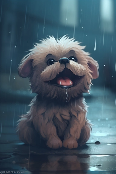 clipart of a blend of an adorable and a super cute, fluffy dog growling at the puddle while playing outside on a rainy day, clipart, bold, creative, sad rainy day, unreal engine.
