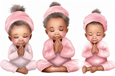 6 Watercolor happy cute beautiful brown skin african American baby girl praying wearing pink pajamas, clipart, isolated, white background, spaced out--q 2