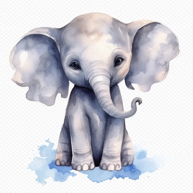 a baby female grey African elephant with a blue bow on head, stood sideways to the camera looking right, watercolour painting blank transparent background png clipart