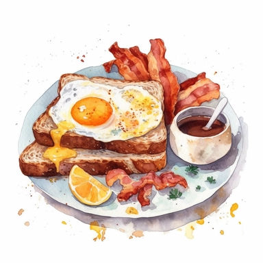 watercolor, hyper realistic, white background, white margins, 16k, ultra detailed clipart, cut out image, hand-drawn illustration style for picture books A plate of fluffy scrambled eggs with a side of crispy bacon and a slice of toast, warm orange-brown color theme