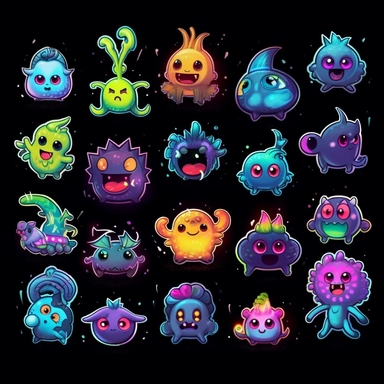 website title banner image with black background, emoji clipart as cute monsters, high res, iridescent, some bioluminescent
