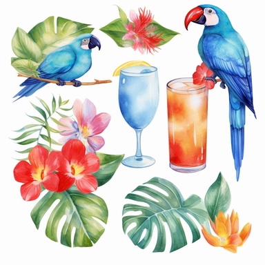 Watercolor Tropical Summer Clipart, Blue Hawaiian Cocktail, Hibiscus, Plumeria flowers with Palm leaves, Tropical Birds, Parrots, Seascape