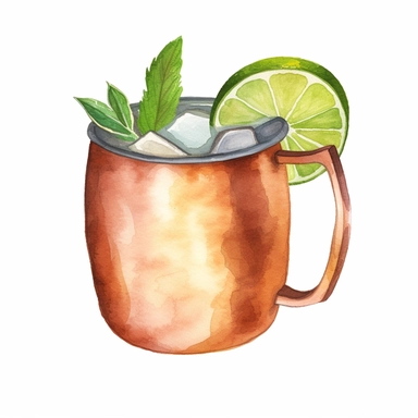 Moscow Mule: A zesty combination of vodka, ginger beer, and lime juice served in a copper mug. watercolor, clipart