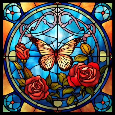 stained glass clipart of one butterfly and flowers