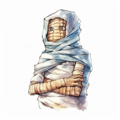 watercolor style, Mummy: A wrapped-up figure representing an ancient Egyptian mummy, depicted with bandages and glowing eyes. clipart, isolated on white background, 4K