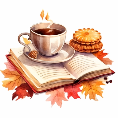 A ultrarealistic watercolor illustration of a book, cozy sweater, leaves, pumpkin pie and cup of tea or coffee, Cute autumn vector clipart, in the style of realistic watercolor paintings, terracotta colors, bloomcore, high resolution, , style by Lucy Fleming, watercolor, smooth gradients, black contour outline, ultra detailed, clipart elements, delicate pastel colors, solid white background, super clear, high quality