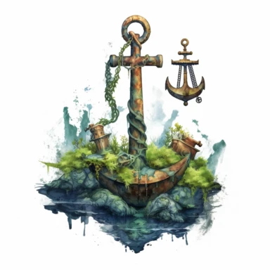 Horror style overrealistic mystical rusted anchor covered mosses and seashells bottom of the sea with watercolor effect, dark blue water, dark green mosses, deep water, sea plants, coral and mussel, , random fishes, undersea details, suitable for digital clipart, white background