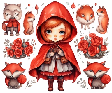 red riding hood clipart, vector art, clip art, clipart, in the style of claudia tremblay, birds & flowers, kawaii manga, realistic watercolors, dark white and light orange, eleanor fortescue-brickdale, isolated figures