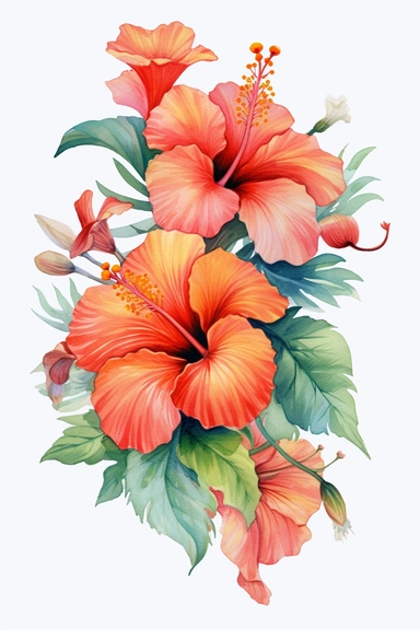 tropical Hawaiian Hibiscus. Use a combination of vibrant colors and subtle variations in color to capture the freshness and vitality of the scene. Let the transparent and flowing nature of watercolors add a sense of lightness and movement to the painting, clipart, plain isolated white background, 8k ultra detail high sharpness