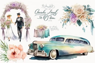 Watercolor clipart, Wedding car, limousine