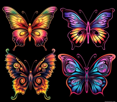 6 tattoo art style butterflies, black defined lines, high details, clipart, hd, isolated on black background, spaced out, vibrant rainbow colors