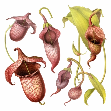 Clipart, vintage, watercolor, Nepepenthes Veitchii, Nepenthaceae, Carnivorous plant, botanical illustration, hand drawn, texture