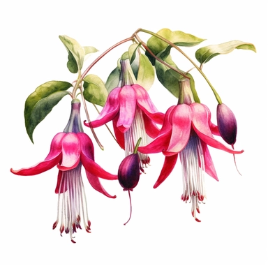 a watercolour painting of a fuchsia flower, in the style of uhd image, dansaekhwa, traditional, flourishing botanicals, exotic, white background, colorful, antique clipart, vibrant intense colors, photorealistic botanical satin drawing in the style of Pierre-Joseph Redoute