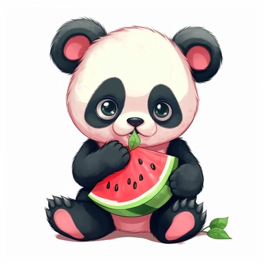 Generate a crisp clipart, of an adorable, pre-cropped image of a baby panda sitting upright and holding a slice of watermelon, different poses, facial expressions, pure white background