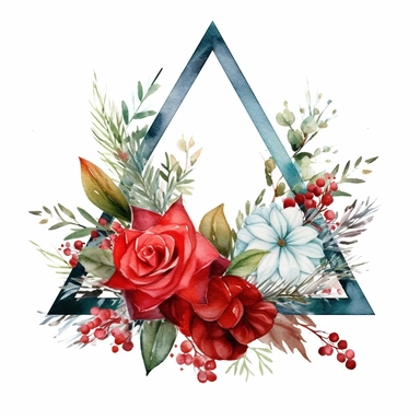 one Christma triangle flower frame clipart seamles ornament on a white background, in the style of watercolor landscapes, red and green, no watermark, text, 300 DPI , typography, shapes do not stick together, no text in the picture, on a white background