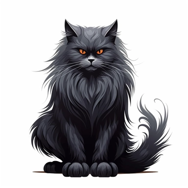Clip Art of FRIGHTENING HALLOWEEN THEME Big Maine CAT Breed with with Extra long thick Fantasy hair a beautiful thick fluffy tail and elongated ears that are tufted, FANGS, CLAWS, 2D, VECTOR on white background