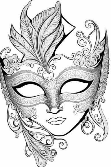 an outlined Mardi Gras cute mask decorated with glitter and jewels, Coloring Book, white background, black and white, [clip art]
