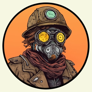 steampunk desert bandit merchant, Basil Wolverton Mike Allred Mad Max Lord of the Rings, handpainted punk zine indie retrowave, clipart illustration, circular solid background