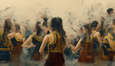 cheerleaders dance in a high school's gym full of smoke while an Albanian guy plays the cello. Inspired by Nirvana's video clip. like in a Pierre klossowski painting. 4k