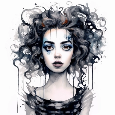Beautiful pretty young woman tim Burton characters films style, paint art style, detail, clipart, white background, superrealistic, one of a kind