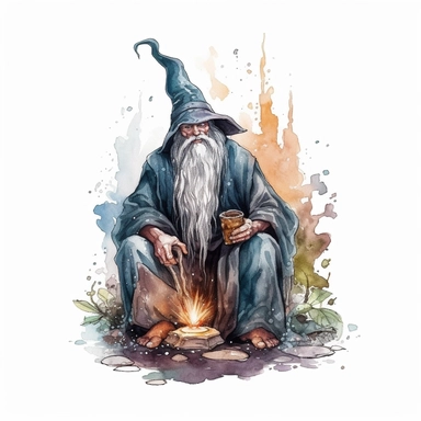watercolor realistic detailed magic wizard in thee cave clipart, white background, no text