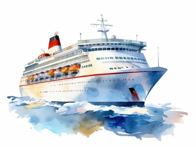 Watercolor clip art on white background, cruise ship, Clipart, high-resolution image with vibrant and true-to-life colors, isolated