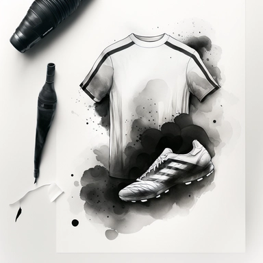a watercolour drawing of the back of a white soccer shirt with black trimming, a black and white soccer shoes next to a black and white soccer ball lay in front, black and white, unbranded. painting, photorealistic brush strokes, geiger art, watercolor, ,