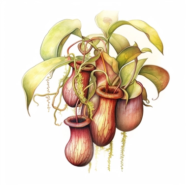 Clipart, vintage, watercolor, Nepepenthes Veitchii, Nepenthaceae, Carnivorous plant, botanical illustration, hand drawn, texture