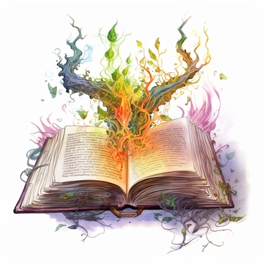 Solid white background, Detailed watercolor open ancient magic book with carnivorous vines swelling from the book's pages clipart. The visable pages of the book have fire etched runes on them visibly.