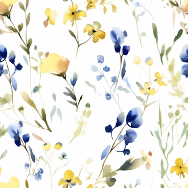 seamless pattern, painting of delicate cute wildflowers, light yellow and blue, single flowers, watercolor watercolour, clipart, pattern designs, animated gifs, simplistic, minimalist, abstract