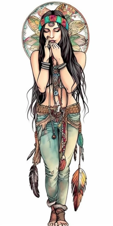 woman in fashion pose, Bohemian, exotic, green eyed and black haired woman with a headband with flowers and feather, cowboy boots, lotus choker, large earrings, tattoos, hands in prayer, wearing her heart on her sleeve, watercolor illustration on white background, watercolor clipart on white background, watercolor sticker on whtie background, in th e style of Job ID: 604300f4 - 6984 - 4a9a - aa16 - 00313a985d77 Seed: 1300855054