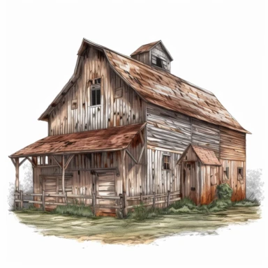 old barn, rustic, clipart, in the style of highly detailed illustrations, colorized, white background