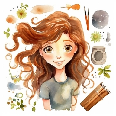 watercolour clipart of a girl, with crazy brown hair, blue-gray eyes, the sweet and scatterbrained dreamer, with a great sense of humor. She immerses herself in the world of digital design, creating exquisite papers for scrapbook albums. Though she may of