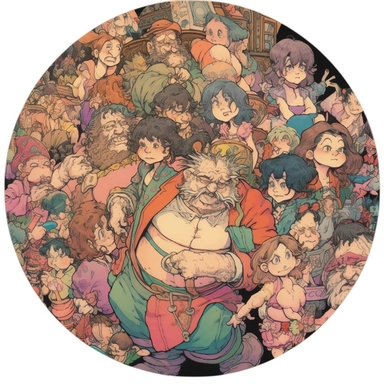 Josh Kirby's drawing depicting a crowd of cheerful onsen festival party-goers in swimsuits and yukata, European African Persian Orc Dwarf Elf, Josh Kirby Mad Max Lord of the Rings, handpainted enamel punk zine indie retrowave, clipart illustration full body character art, circular solid background, circular border