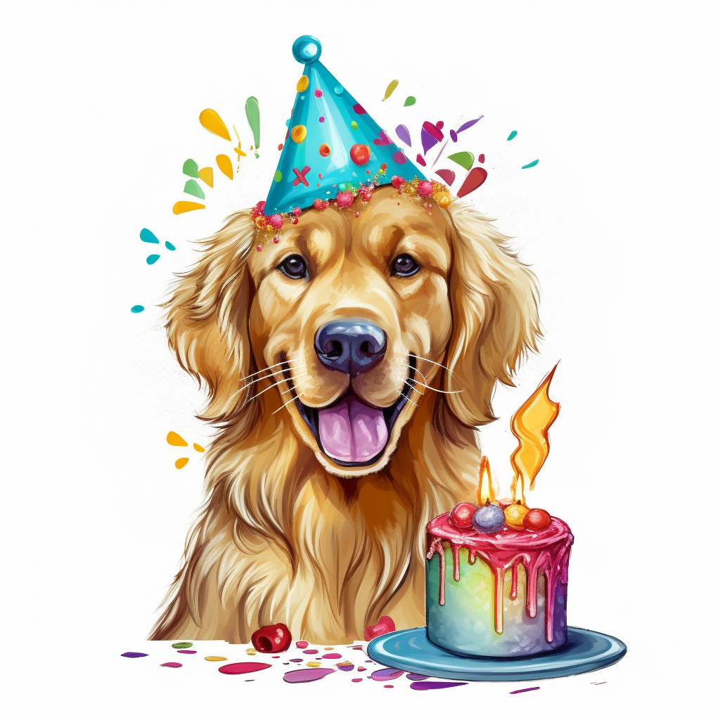 A clipart of a festive Golden Retriever with a birthday hat and a piece