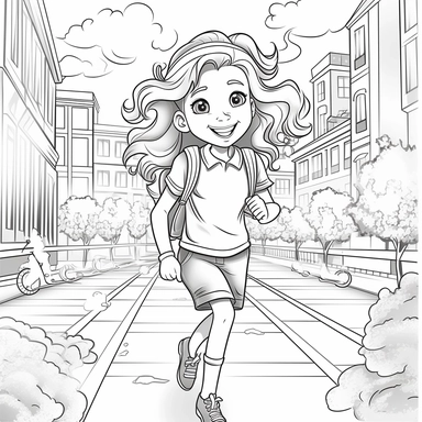 Full Coloring book page black and white, happy little girl going to school, school girl with backpack, athletic, clipart, 4k, white background, low details, black and white line art, vector monochrome, ar 2:3