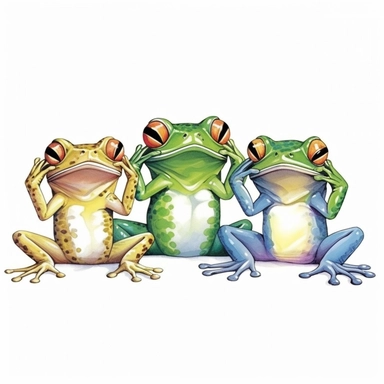 Cute Beautiful Funny three frogs cover their mouths, cover their ears and blindfold Sublimation Clipart,Cartoon, hyper realistic, intricate detail, illustration style,high solution,on the white background