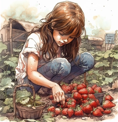 DESIGN A MAGNIFICENT AND EXQUISITE BREATHTAKING ONE-OF-A-KIND HIGH QUALITY HIGHLY DETAILED MASTERPIECE WATERCOLOR CLIPART ILLUSTRATION OF A girl digging strawberries, in the style of hyperrealistic illustrations, detailed comic book art, i can't believe how beautiful this is, charming sketches, watercolorist, photographically detailed portraitures, grid-based, WHITE BACKGROUND, NO FONT, NO TEXT, NO WORDS, NO WATERMARK