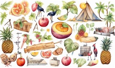 tropical summer watercolour clipart pack, in the style of playful, pool/beach items, fruit, animals, iso 200, oversized objects, uhd image, konica auto s3