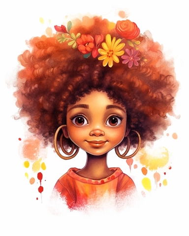 a little afro girl portrait in watercolor Disney style clipart on white background, hugh eyes, sarah kay, holly hobbies, valentines day