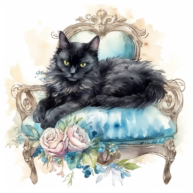 make a clipart of watercolor fairytale black fluffy cat with a tiara, laying on a blue victorian foot stool, with bright color roses, rococo, shabby chic