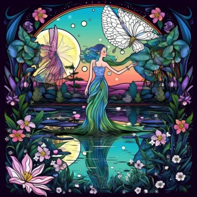 A captivating fairy hovering above a mystical pond, glittering dress adorned with gemstones, surrounded by blooming water lilies and dragonflies, Moonlit forest with a serene pond reflecting the night sky, Romantic and mysterious ambiance, Clipart, using bold outlines and vivid colors